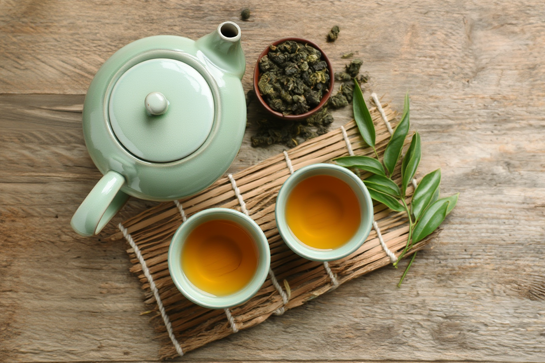 Two cups of oolong tea with a bowl of loose oolong tea leaves and a green teapot, showing consuming oolong tea and overall oolong tea consumption, where oolong tea contains helpful antioxidants and beneficial effects like dental health that support a heal