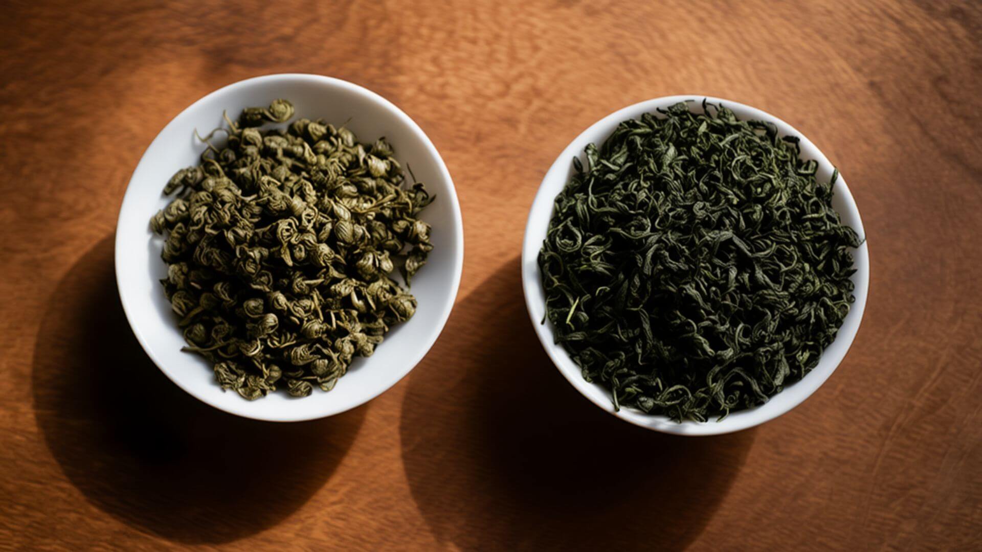 Oolong and green tea leaves in a bowl