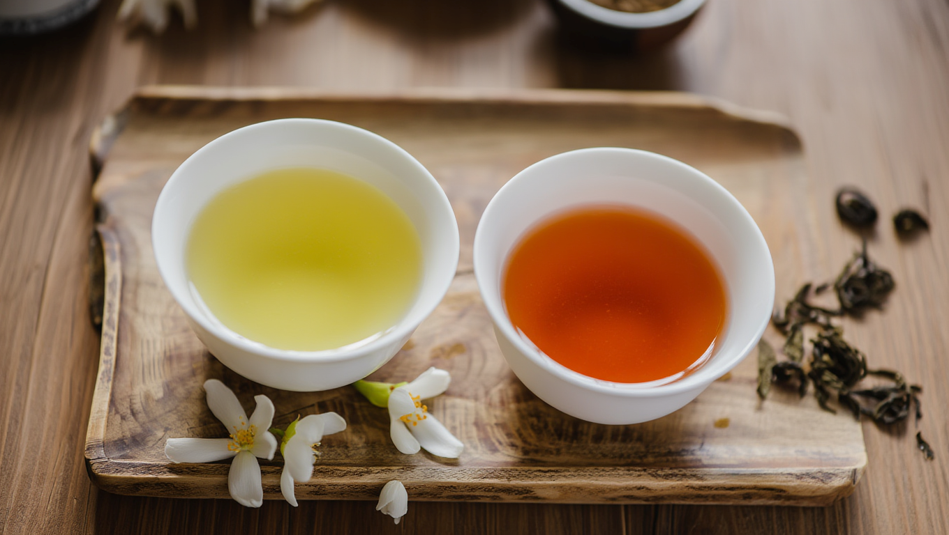 A cup of jasmine tea and oolong tea on a wooden tray on a wooden table, showcasing a blend of herbal tea and high quality teas from the same tea plant, offering a floral character with soft and mellow notes, perfect for a calming tea break at night.