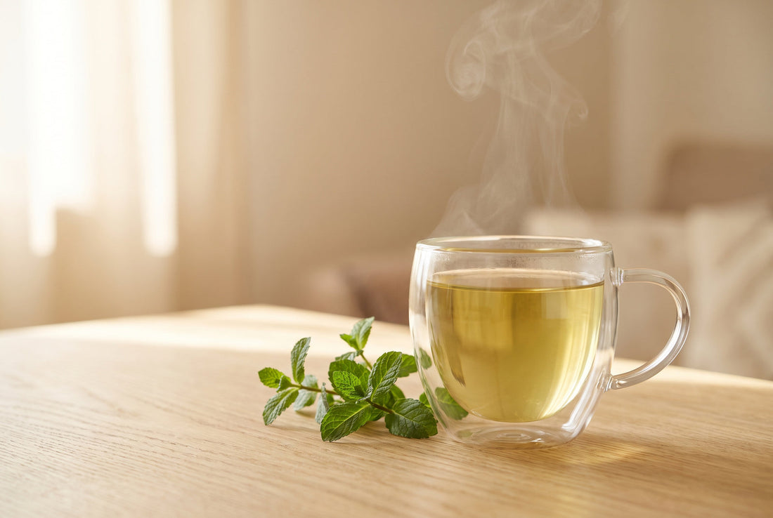 A glass cup of peppermint tea with fresh peppermint sprigs