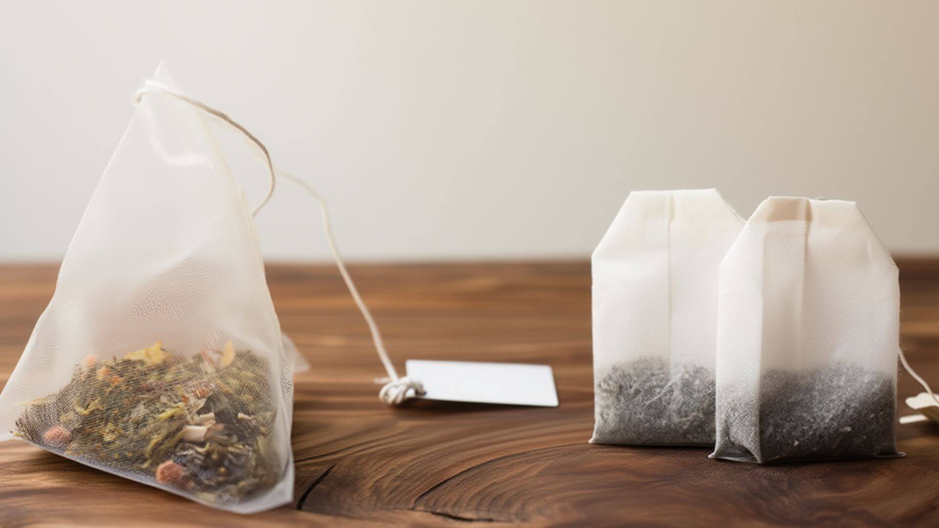 A tea sachet and 2 tea bag beside each other