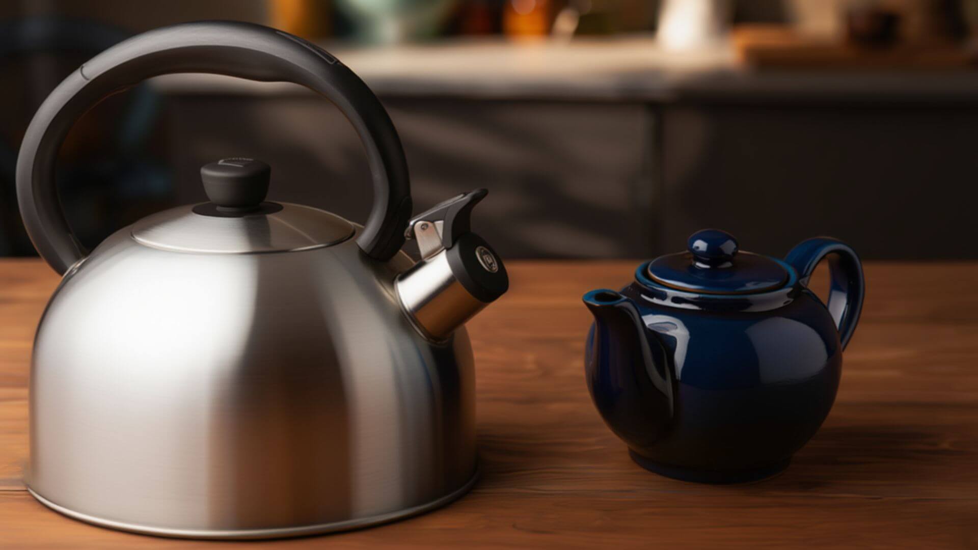 A kettle and a tea pot facing each other