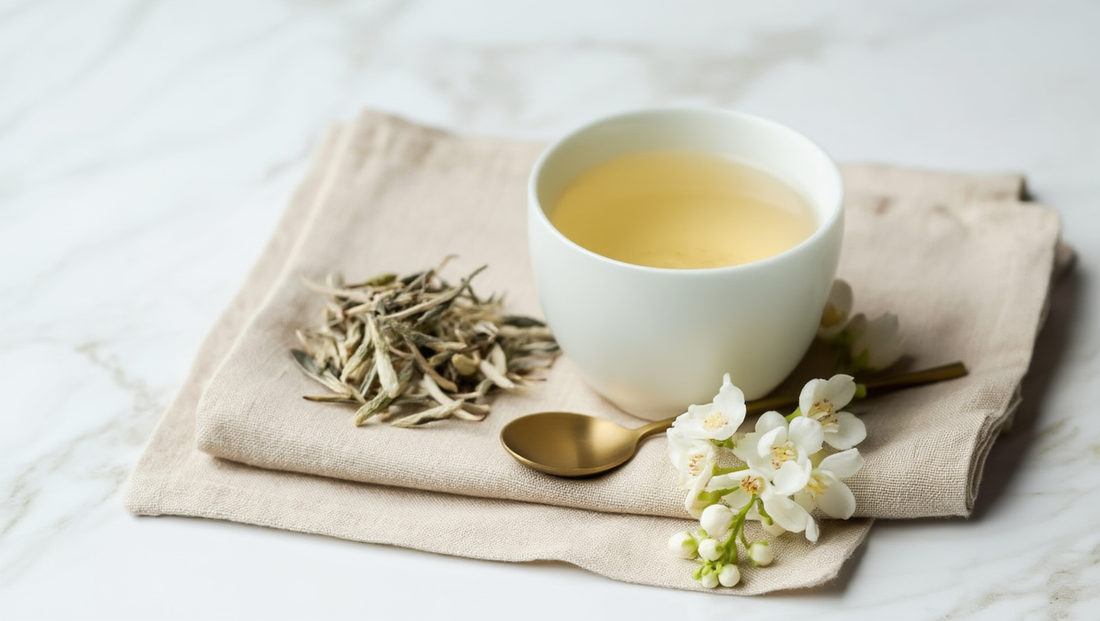 A cup of white tea on a towel with white loose leaf tea and a golden spoon, highlighting white tea benefits and white tea health benefits, made from the tea plant using unopened buds with fine white hairs, rich in antioxidant properties that help combat o