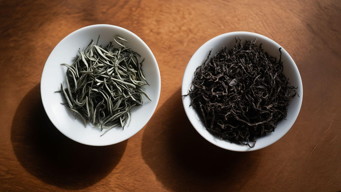 A loose leaf white tea and black tea in each bowl