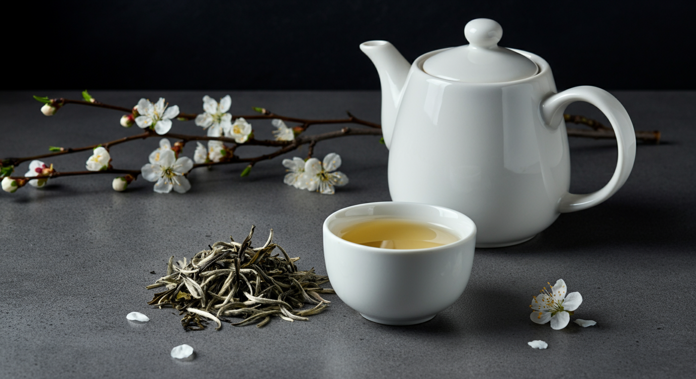 Delicate white tea in a ceramic cup, pale golden hue, surrounded by loose silver needle leaves. A ceramic teapot with white tea is in the background