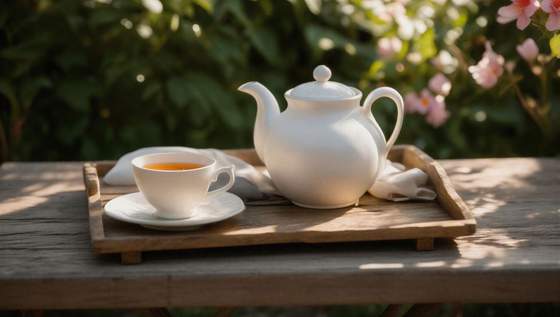A white classic design new teapot and white teacups on a wooden tray on a wooden table, a good starting point for those who drink tea, suitable for different tea types, dishwasher safe and microwave safe, designed to keep tea warm without too much space o