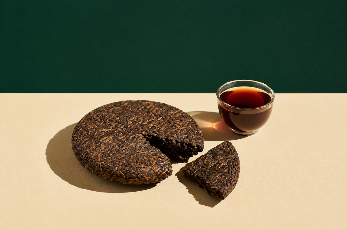An unwrapped round pressed pu-erh tea cake of dark brown compressed leaves with one wedge broken off