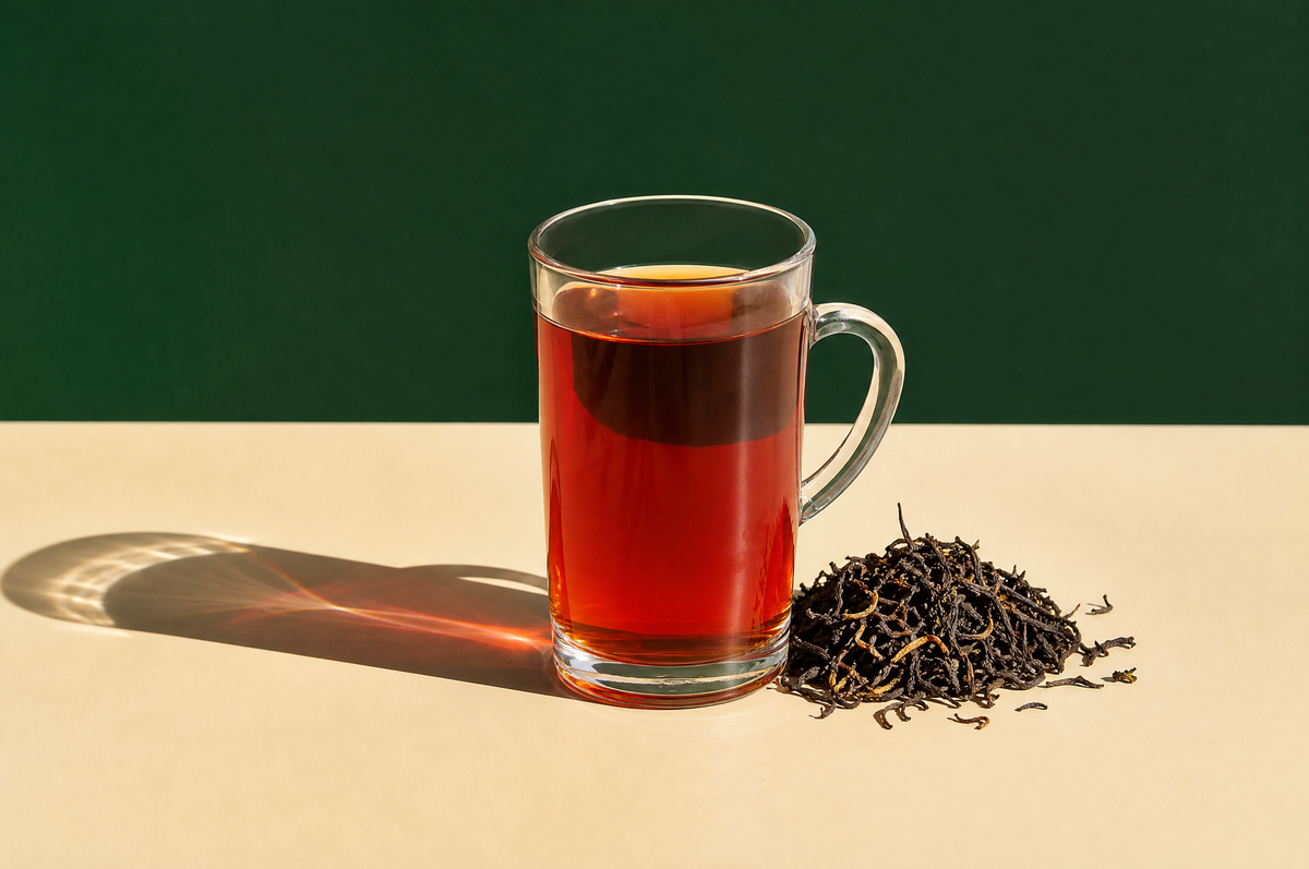 A tall clear glass mug with a handle filled with deep reddish-amber Assam black tea