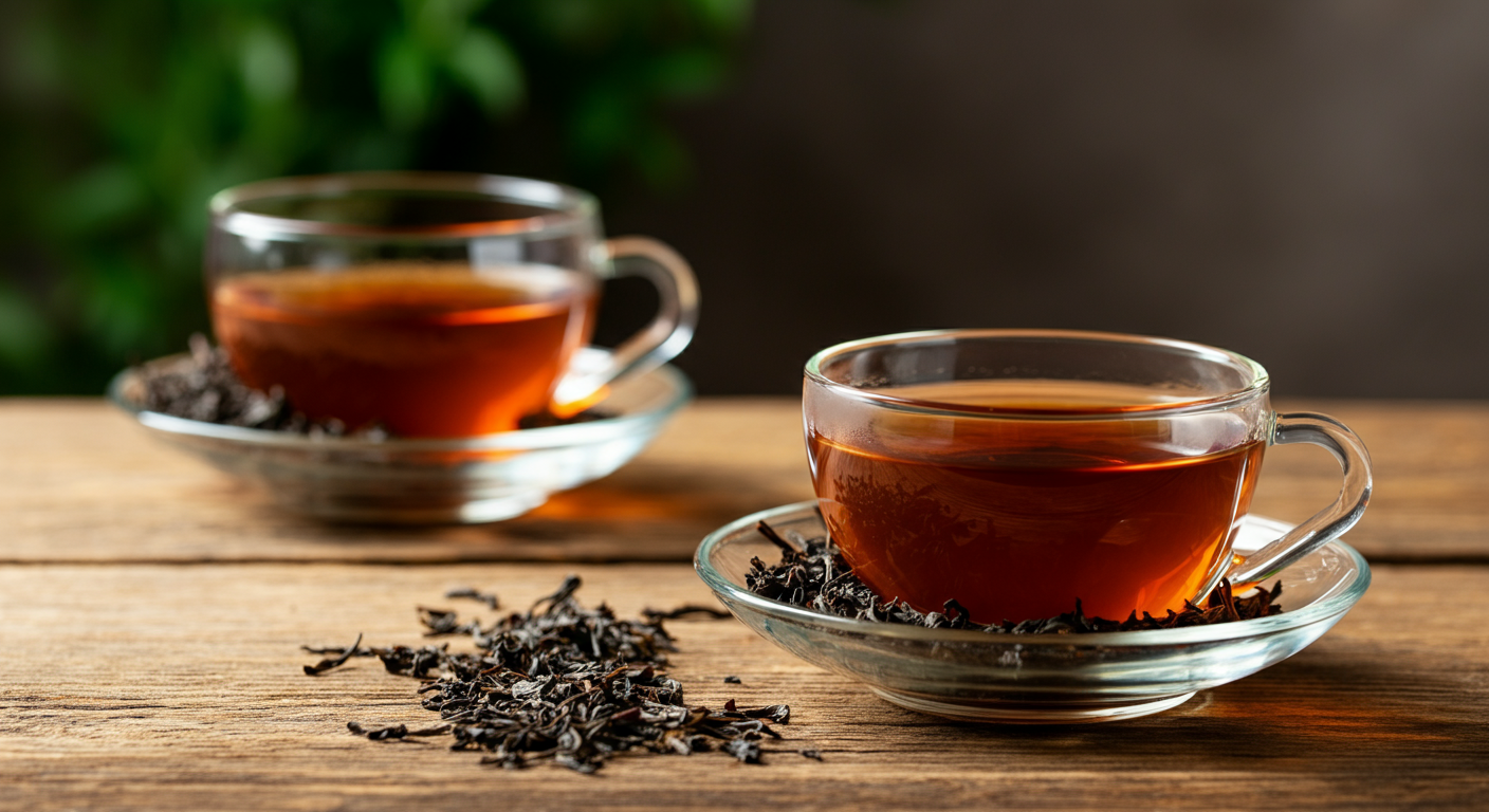Close-up of a transparent cup filled with Assam Black tea on a white saucer