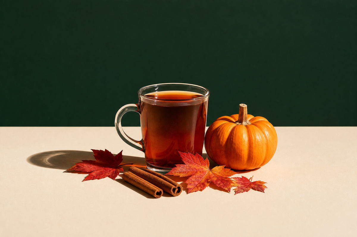 A clear glass mug of deep amber spiced black tea beside two cinnamon sticks, a small whole orange pumpkin