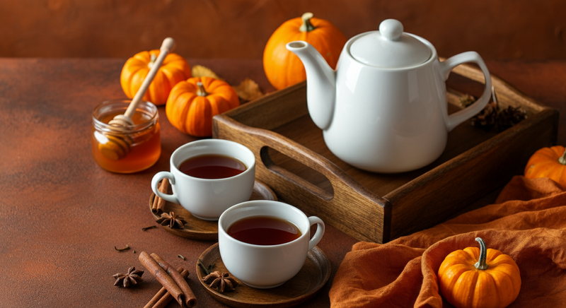 A cozy autumn tea scene featuring a white teapot and two cups of dark tea on a wooden tray. Surrounded by decorative pumpkins, gourds, cinnamon sticks, and honey on an orange, leaf-patterned tablecloth, the setting evokes the warmth of fall.