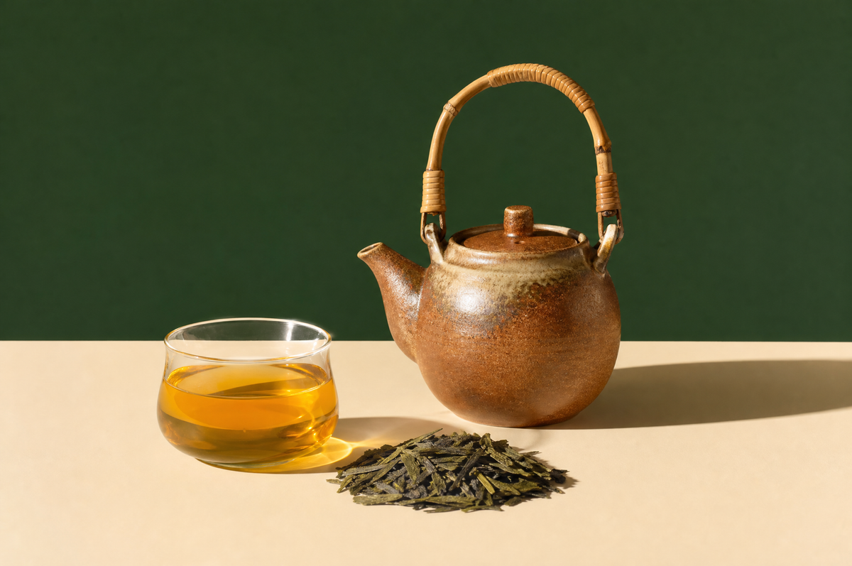 A rustic brown glazed clay Japanese dobin teapot with a curved bamboo top handle