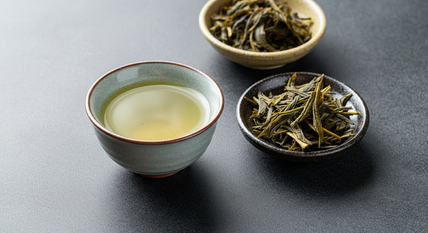 Porcelain cup of golden-green Bancha tea beside a bowl of flat, coarse Bancha leaves on a bamboo mat, softly lit to highlight earthy textures.