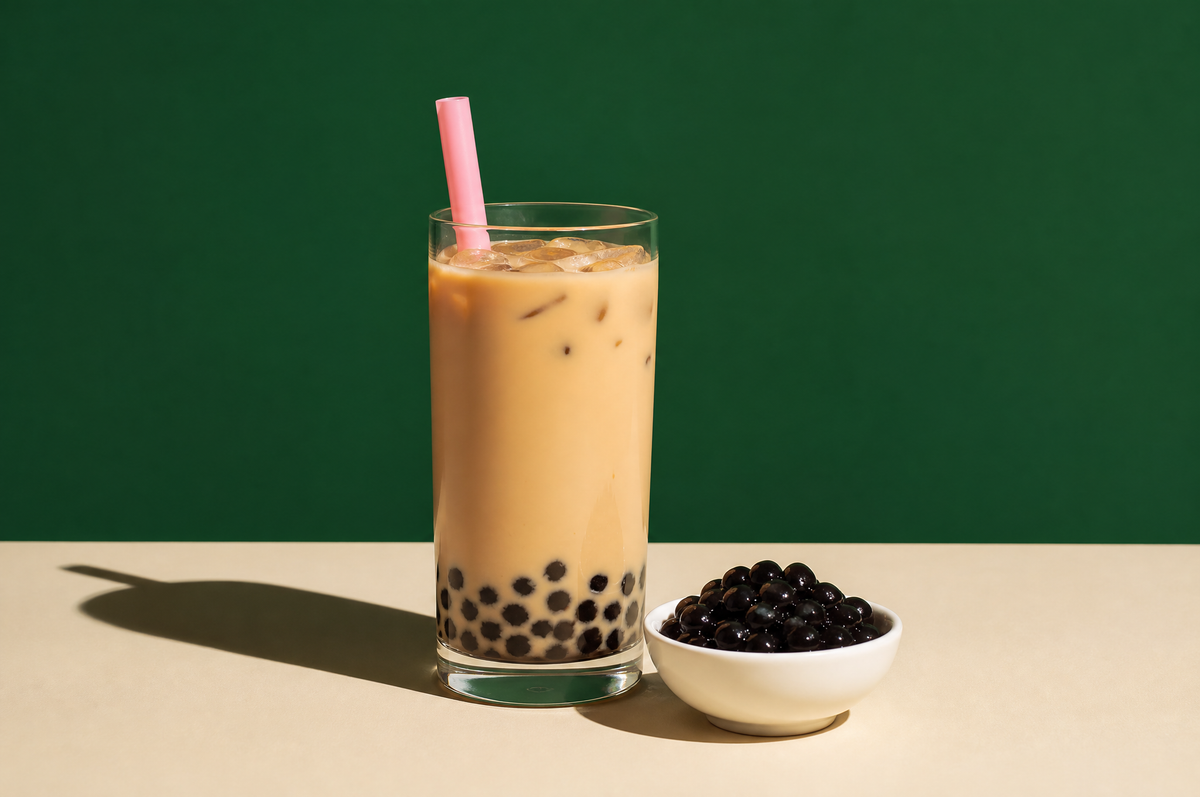 A tall clear glass of milky caramel-colored bubble tea with a thick layer of glossy dark tapioca pearls at the bottom and a