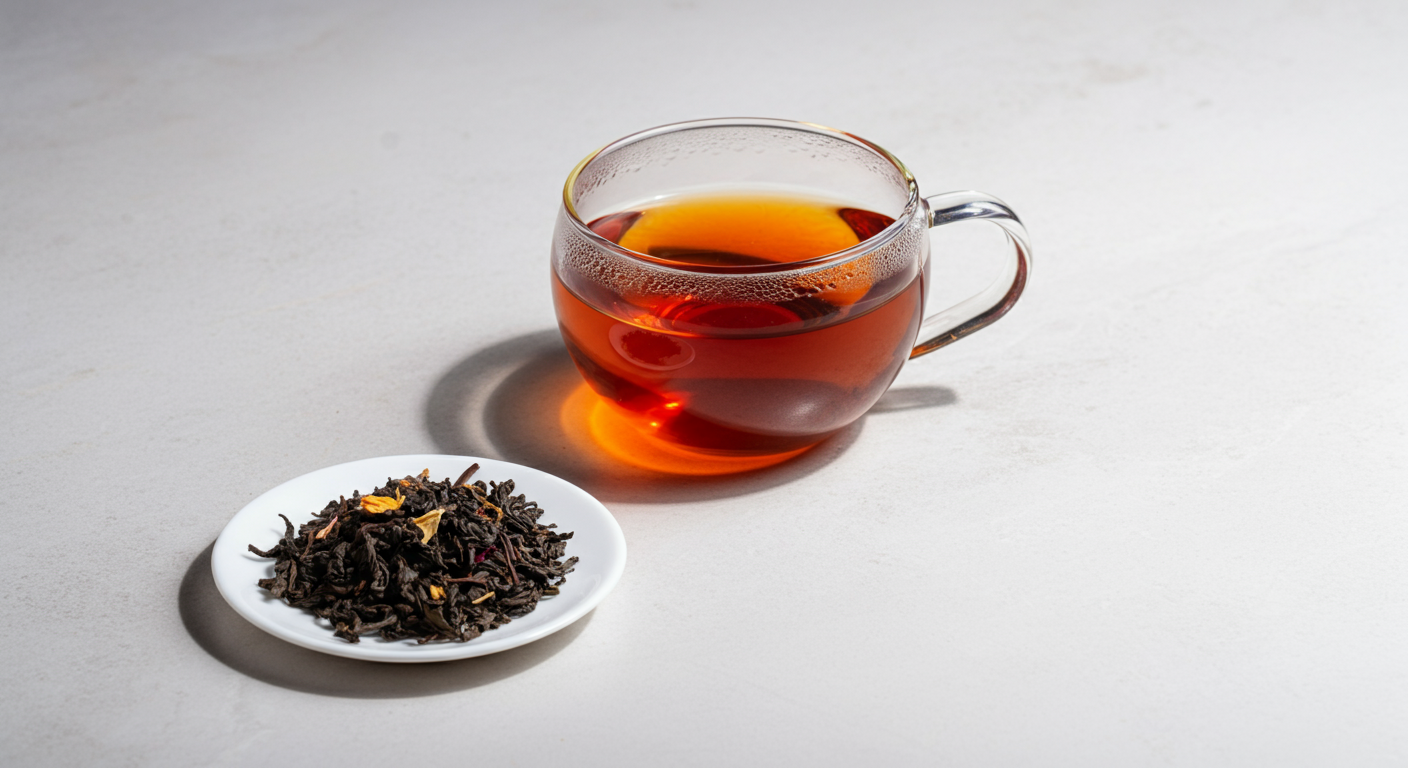 Clear glass teacup of ceylon black tea on a smooth white marble surface with a white plate of loose dark tea leaves