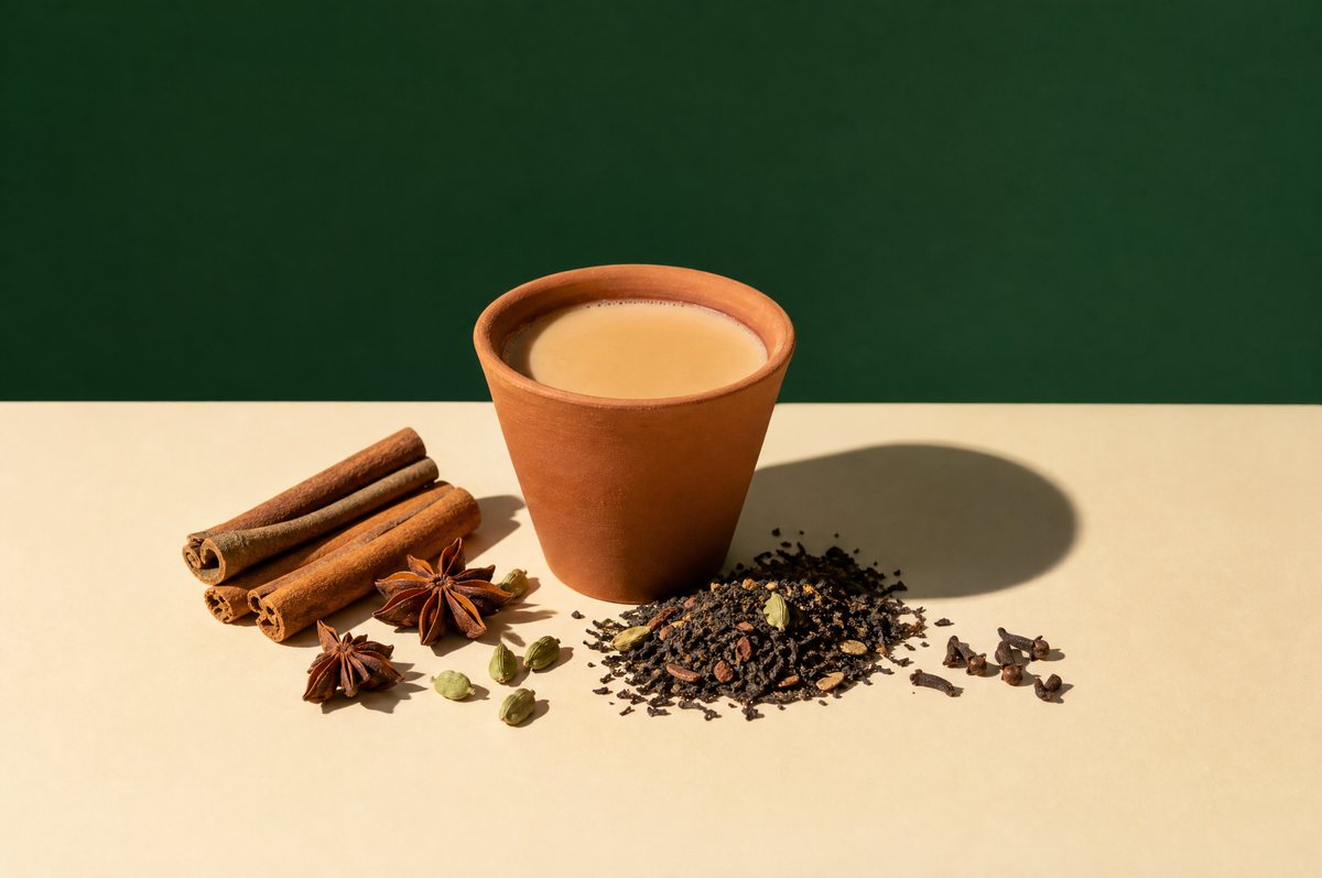 A small unglazed terracotta clay cup of creamy caramel-colored masala chai