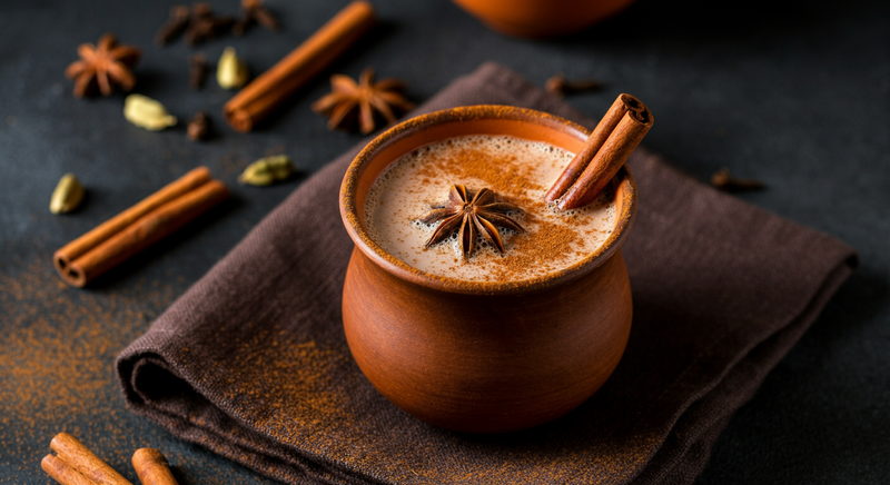chai tea displayed with loose spices such as cinnamon sticks, cardamom pods, and cloves