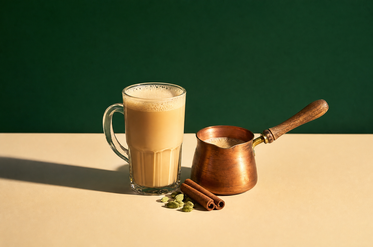 A tall clear glass mug of creamy tan milk chai with a light froth on top