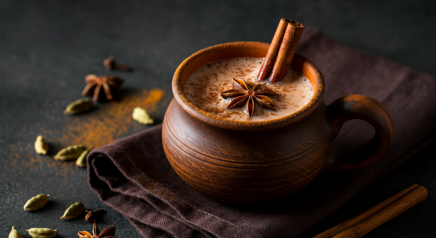 A clay cup filled with frothy chai, topped with cinnamon sticks, star anise, and cloves. The cup is set against a textured, dark surface scattered with additional whole spices, including cardamom pods and cinnamon sticks.