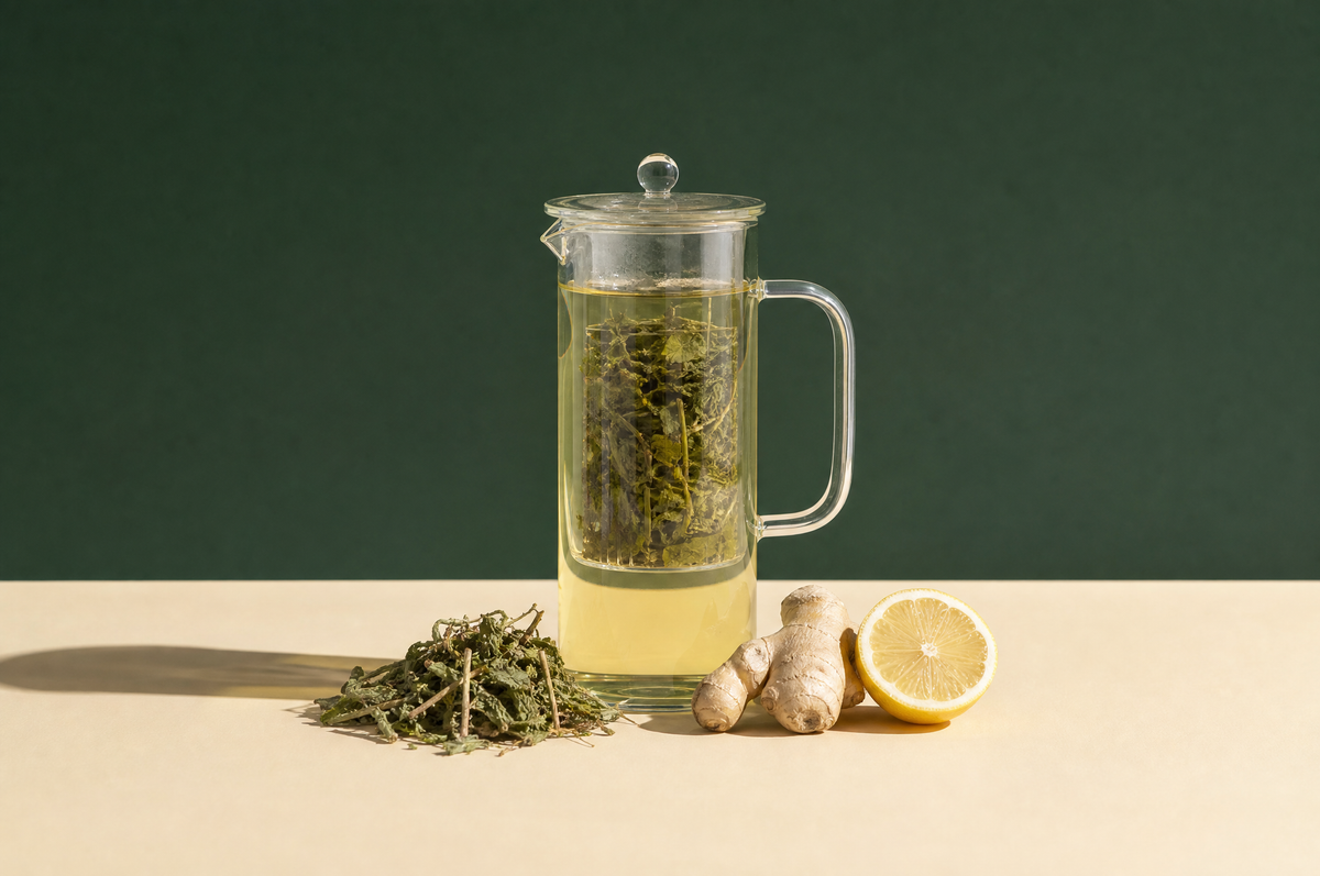 A tall cylindrical clear glass teapot with a glass infuser full of loose green herbs, holding pale golden-green herbal tea
