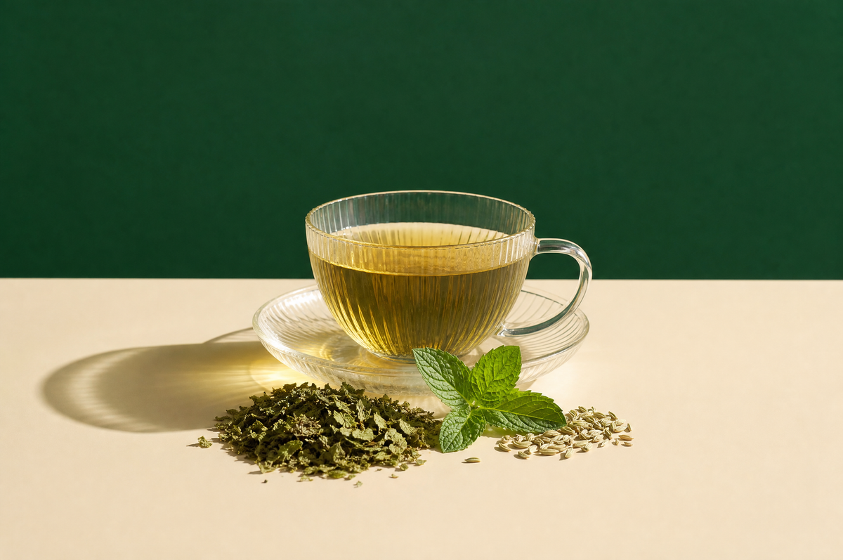 A clear glass teacup and matching saucer of light greenish-gold peppermint tea next to a small mound of dried crumbled
