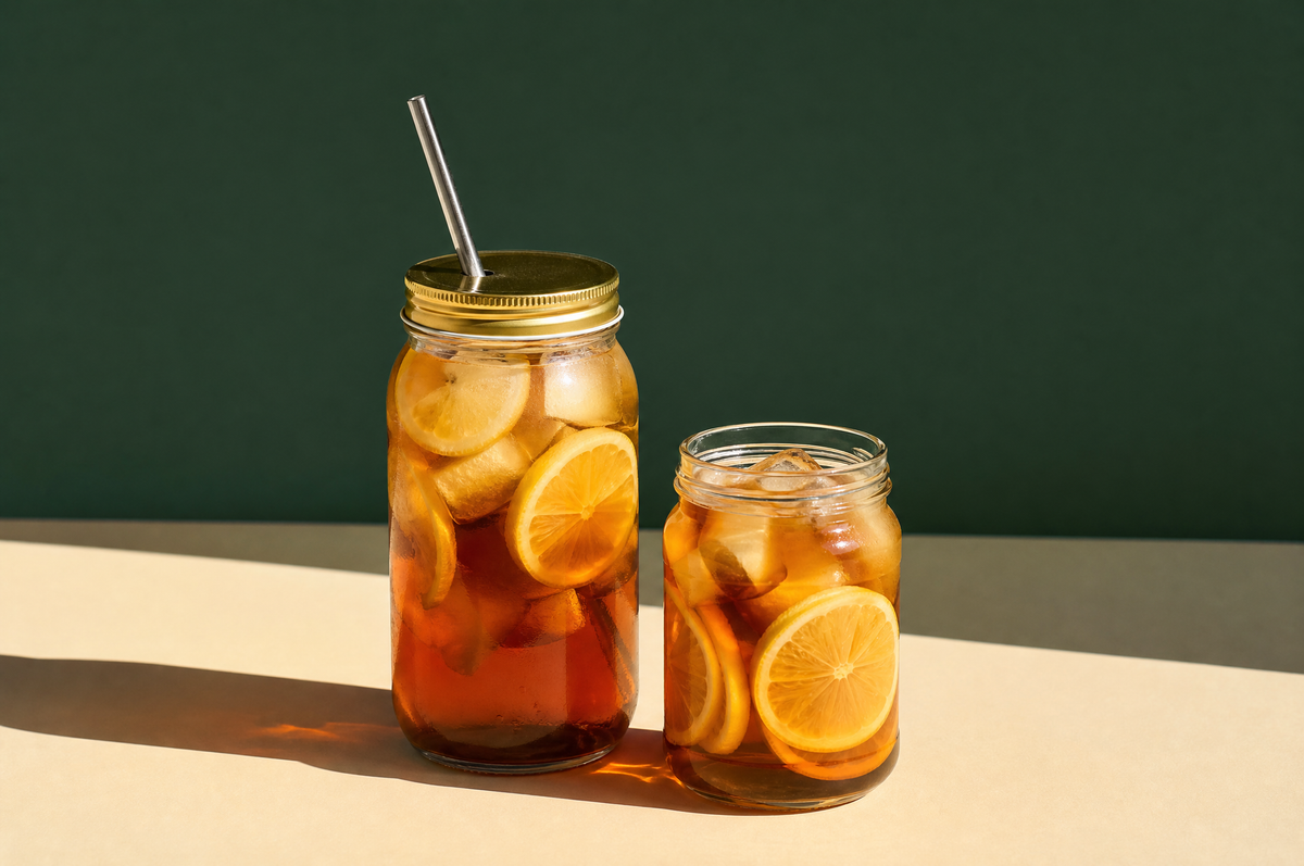 A large smooth plain glass mason drinking jar with a gold metal lid and a stainless steel straw, filled with iced black tea