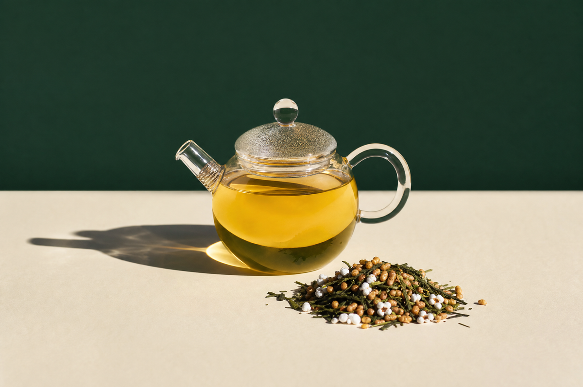 A round clear glass teapot of golden-yellow genmaicha tea beside a small heap of genmaicha: green tea leaves mixed with