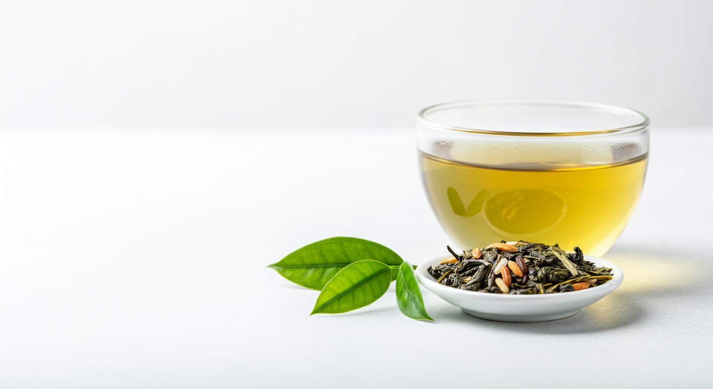 Glass cup of pale green genmaicha tea beside a dish of roasted rice and green tea leaves, with fresh leaves on a white background.