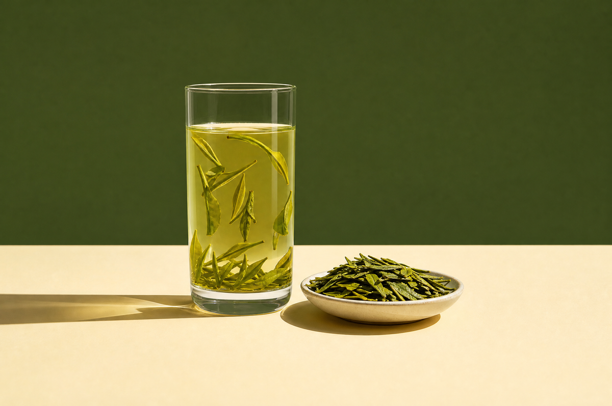 A tall clear glass tumbler of pale jade-green tea with a few flat pan-fired green tea leaves drifting inside