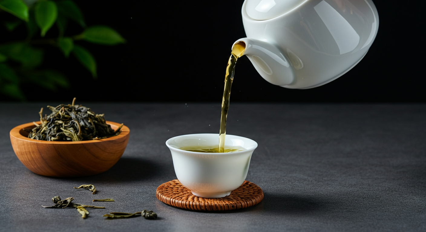Cup of freshly brewed green tea with light golden-green color, placed on a wooden saucer beside loose green tea leaves.