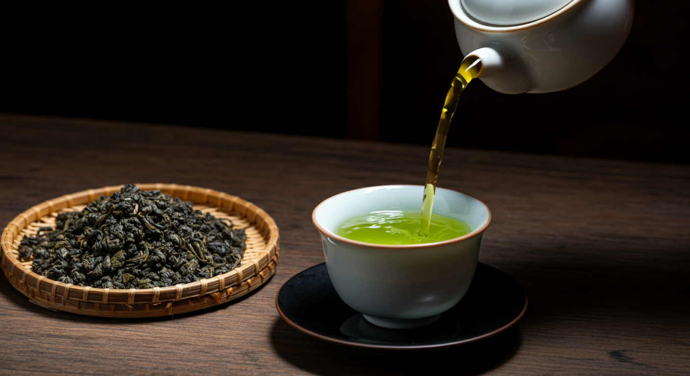 Ceramic teapot pouring gunpowder green tea into a white cup on a black saucer, with a wicker tray of gunpowder green tea leaves on a wooden table in soft natural light.