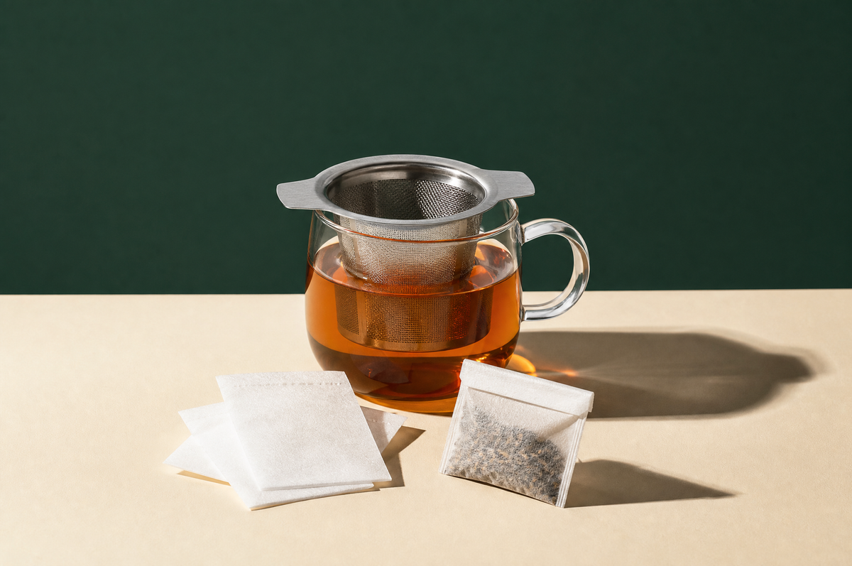 A clear glass mug of amber tea with a fine stainless-steel mesh basket tea filter resting in its rim