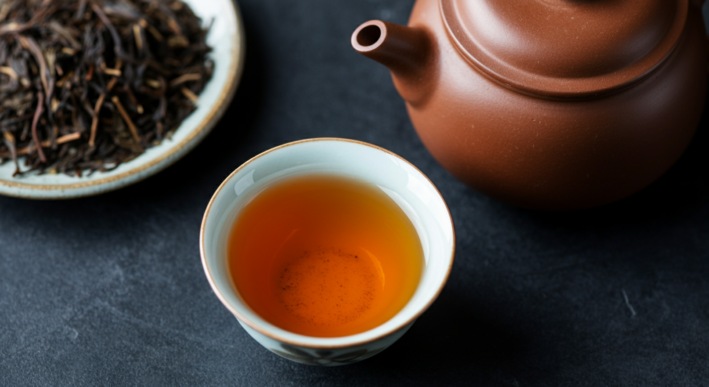 White ceramic cup with Hojicha tea beside a rustic clay teapot, with a plate of loose Hojicha leaves in the background, softly lit for a warm, cozy feel.