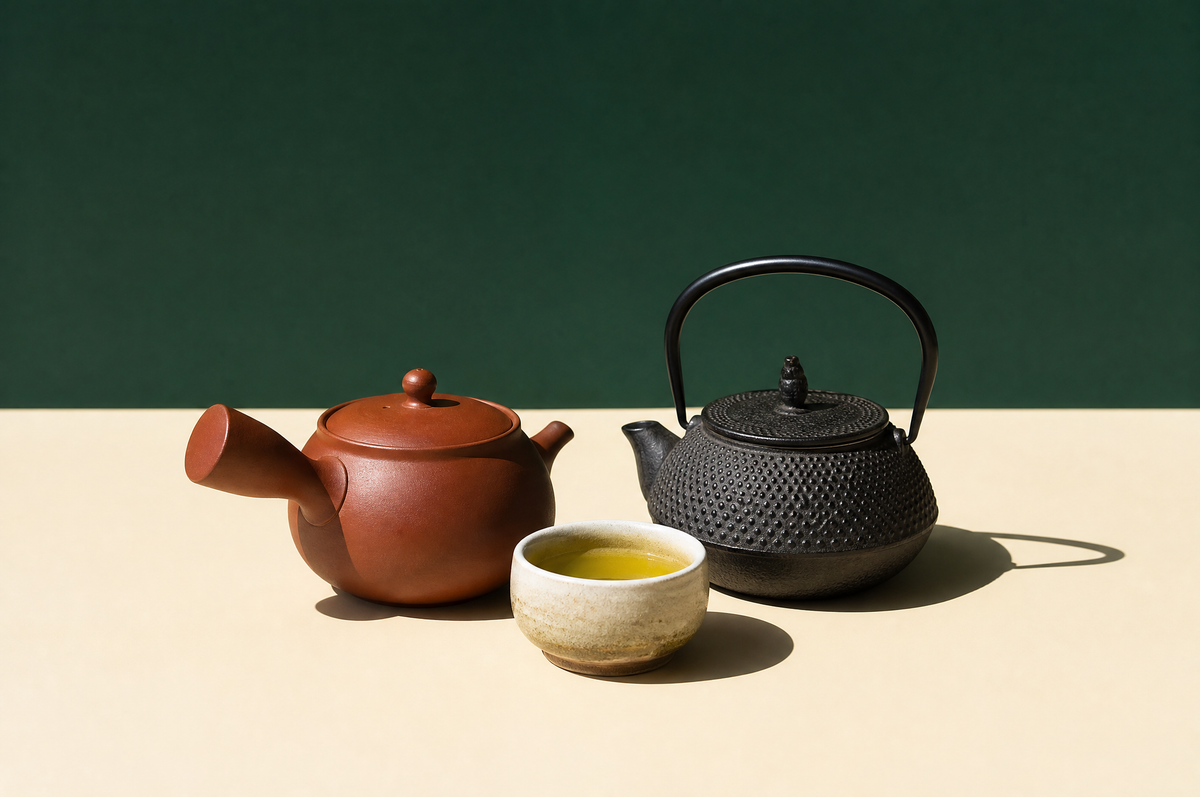 A traditional reddish-brown clay Japanese kyusu teapot with a single straight side handle