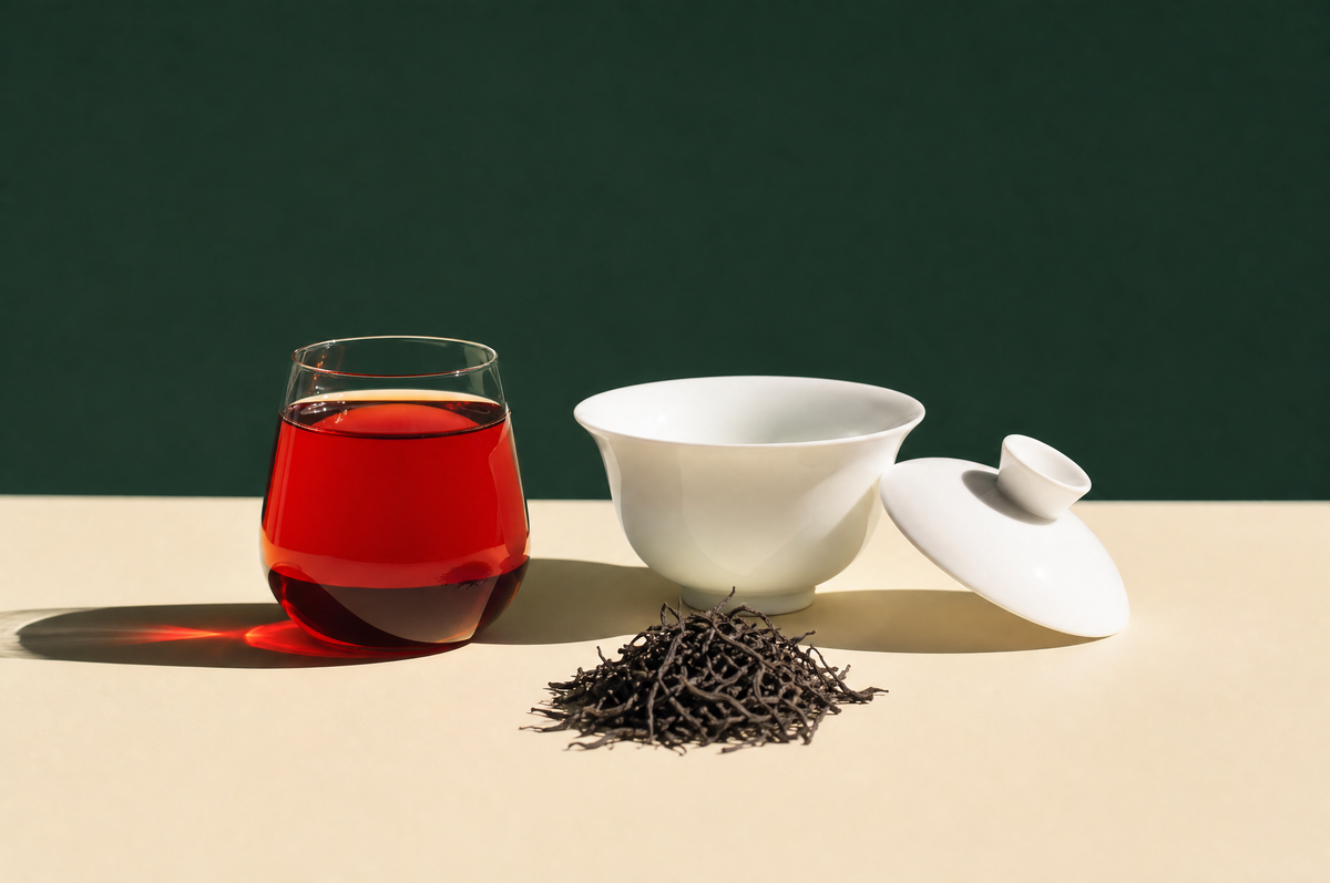 A clear stemless tulip-shaped glass of bright ruby-red black tea next to a plain white porcelain gaiwan with its lid resting