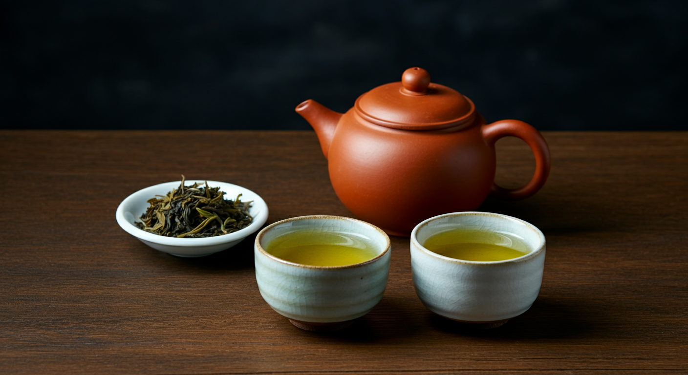 Ceramic cup of kukicha green tea beside an open clay teapot with steeped leaves and a bowl of loose green tea on a wooden surface.