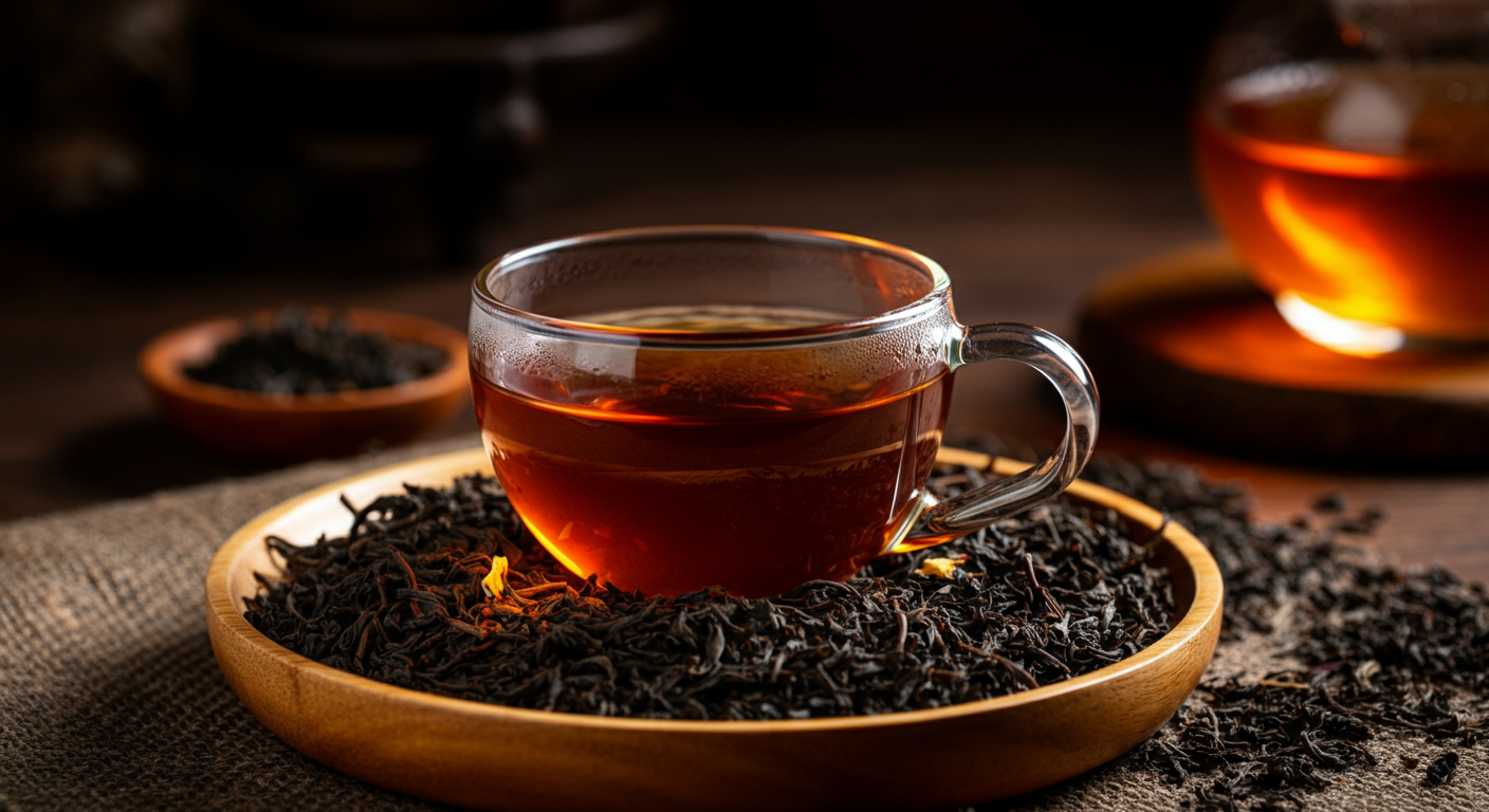 Glass cup of Lapsang souchong black tea on dried black tea leaves in a wooden dish, softly lit with a warm, cozy background.