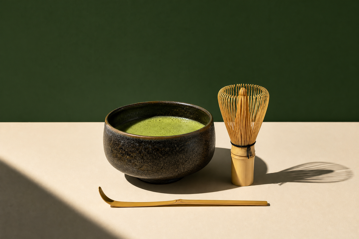 A wide handmade ceramic matcha bowl in a dark speckled glaze holding frothy bright jade-green whisked matcha