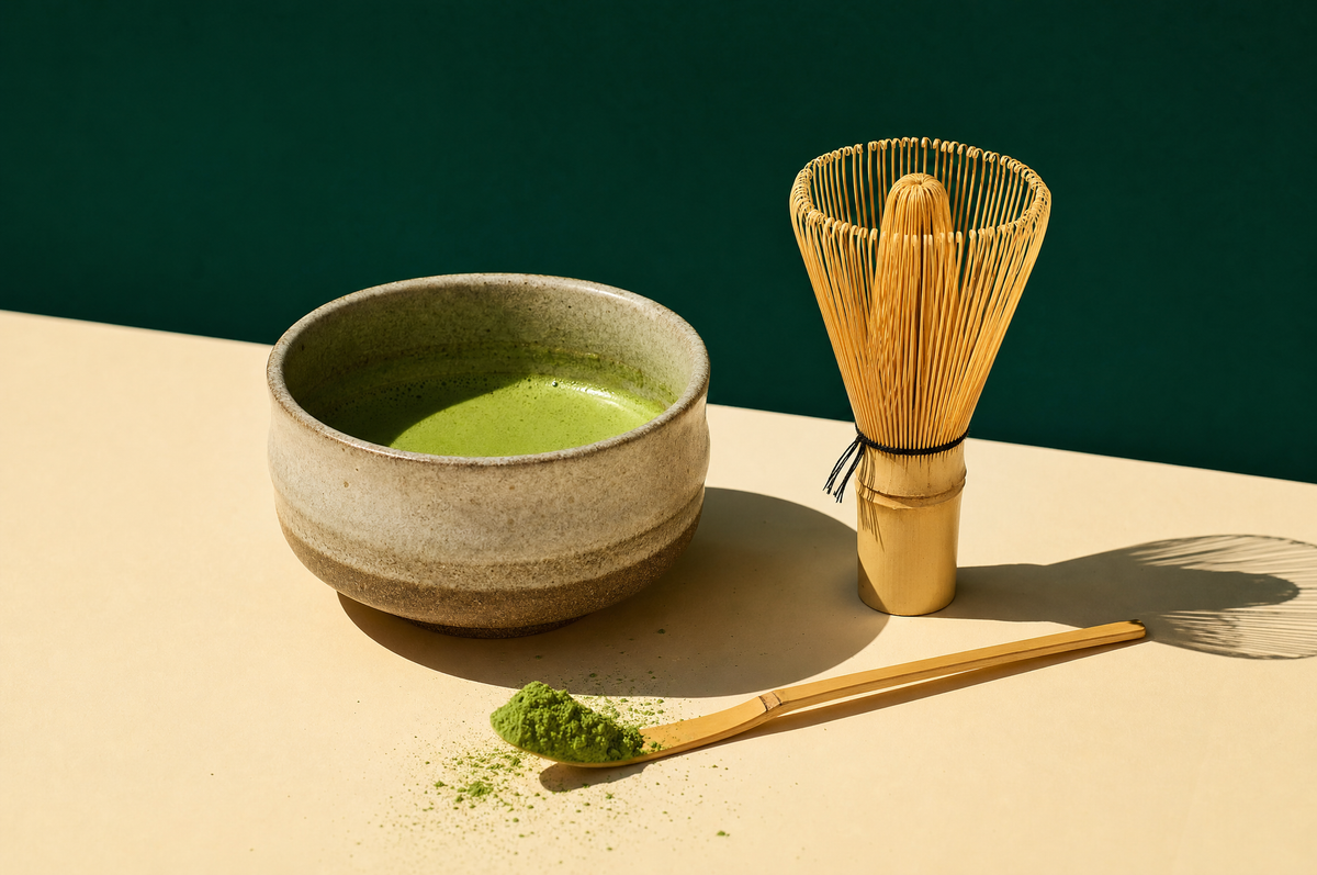 Bowl of matcha with bamboo whisk and scoop of matcha powder