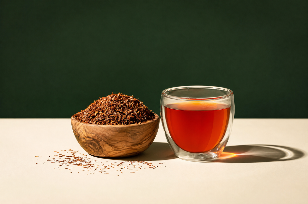 A small olive-wood bowl heaped with loose rooibos tea: coarse-cut bright rust-red needle-like leaf pieces and short thin