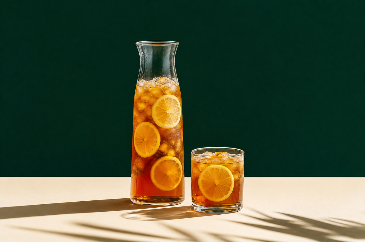 A tall slender clear glass cold-brew carafe filled with iced amber tea and a few lemon wheels