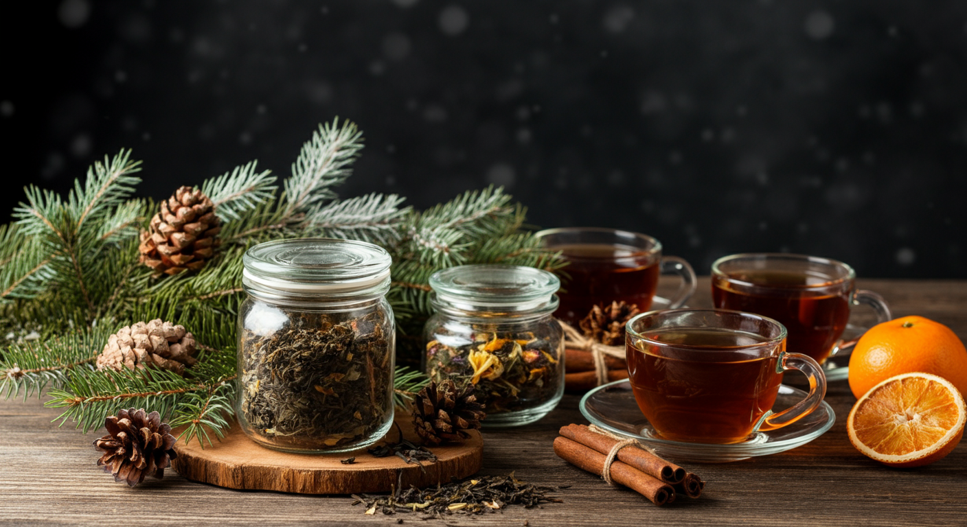 Cozy winter tea scene with cups of tea, loose leaf teas in glass jars, and pine branches, pinecones, frost-dusted greenery, dried orange slices, cinnamon sticks, and cloves