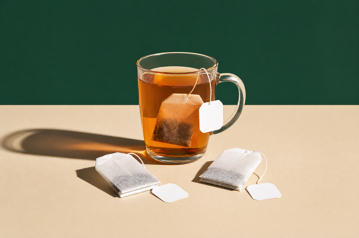 Three plain white paper tea bags with strings and blank white paper tags: one steeping in a clear glass mug of amber tea
