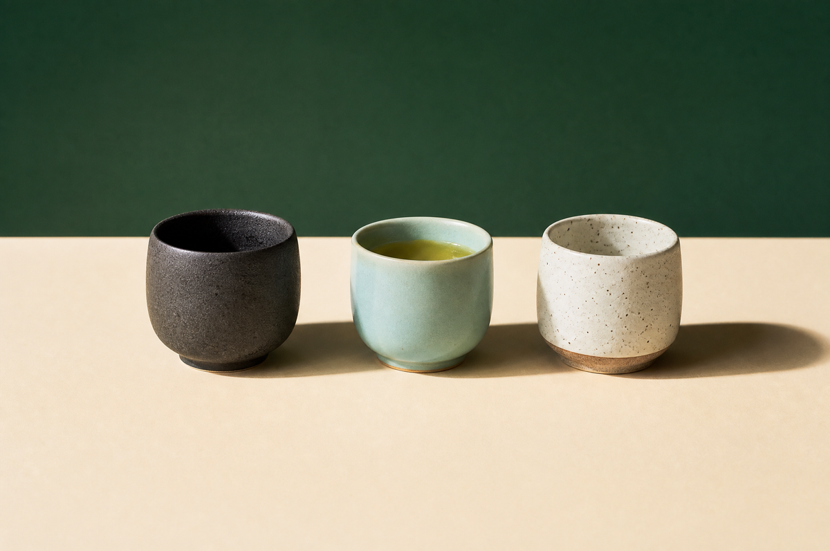 Three small handleless Japanese ceramic teacups in a loose row, each a different glaze: charcoal black