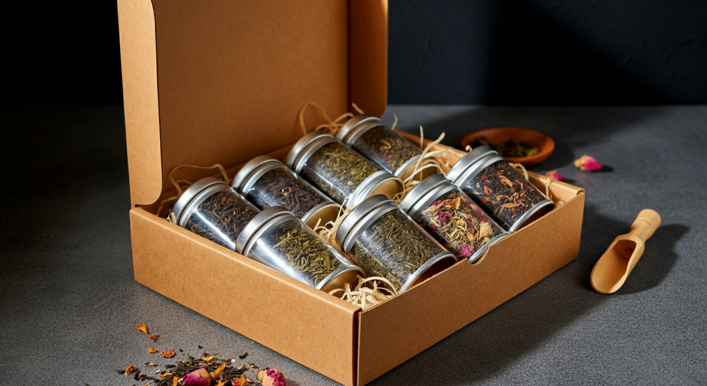 Tea gift set in an open kraft box with unmarked tins, pouches of loose leaf teas, and a bamboo scoop, arranged with natural padding under warm light.