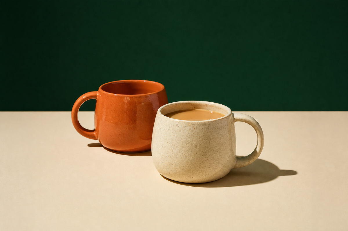 Two chunky glazed stoneware tea mugs with handles, one glossy terracotta orange and one matte speckled cream