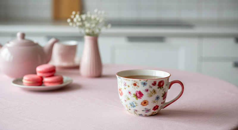 A floral-patterned mug filled with a hot tea sits on a pink tablecloth in a cozy kitchen.