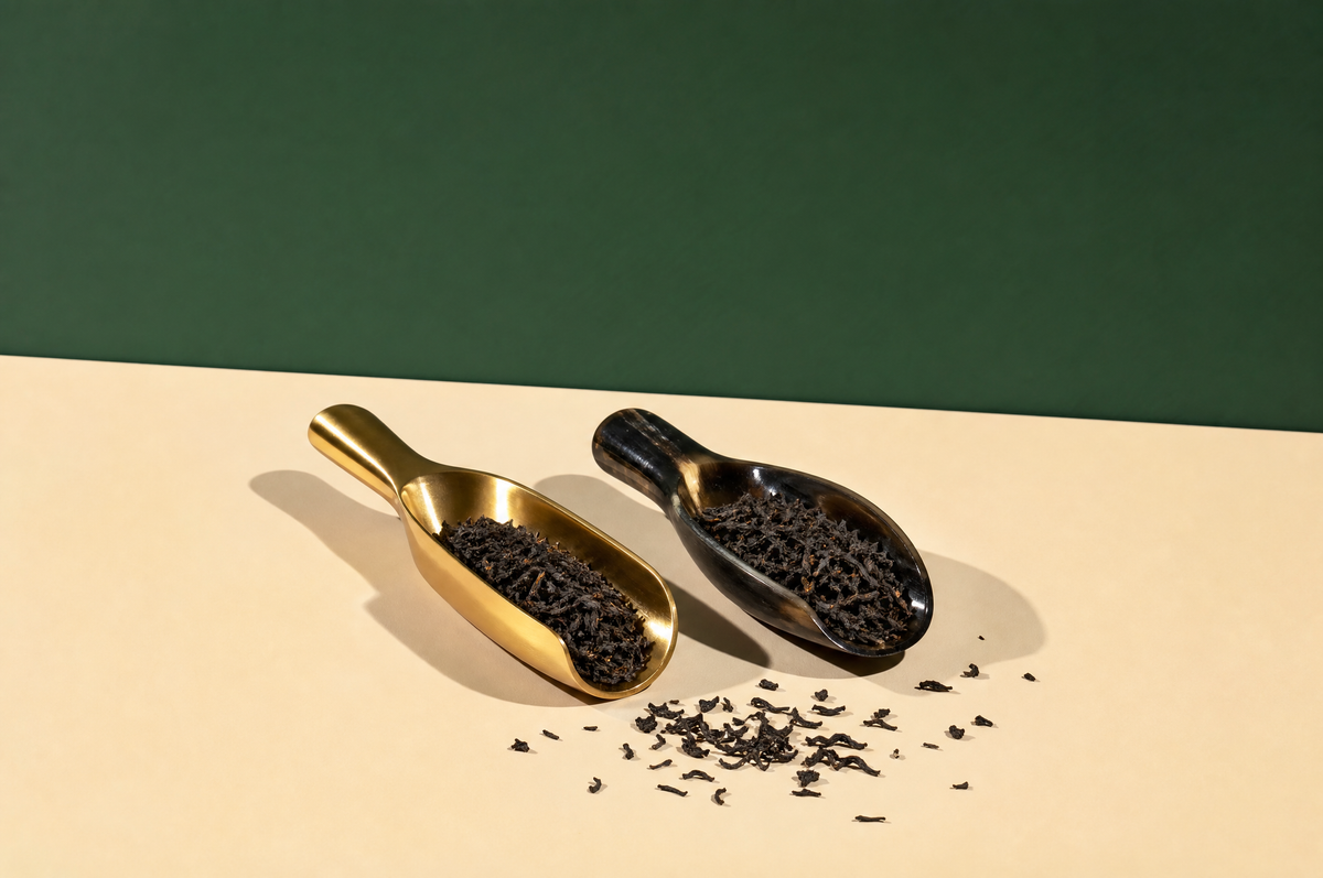 Two tea scoops lying side by side, a polished brass scoop and a dark natural horn scoop