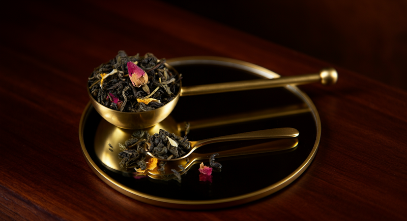 Golden scoop of loose green tea leaves and petals on a reflective glass tray with a wooden background, softly lit for a warm, serene mood.