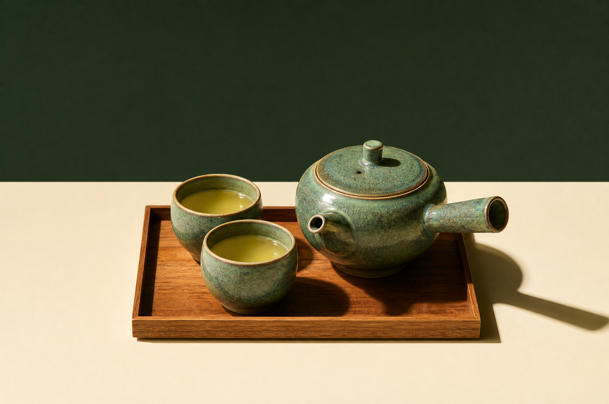 A matching tea set on a small rectangular wooden tray: a round glazed stoneware Japanese kyusu teapot with a straight side